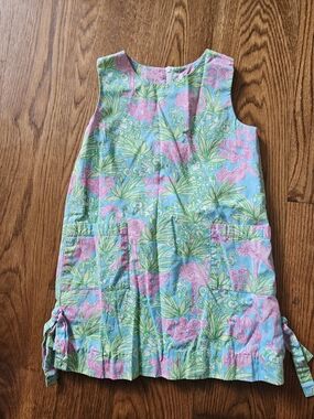 2000s Lilly Pulitzer Pink & Aqua Flamingo Print Shift Dress